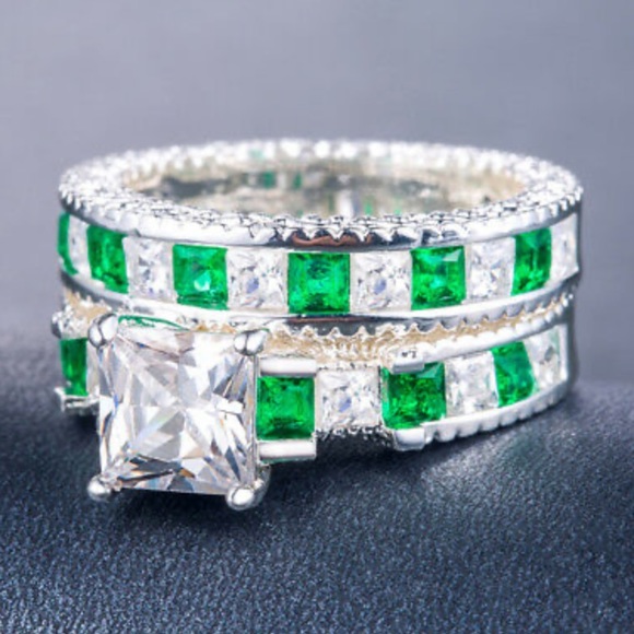 2pcs/set Princess Cut Sapphire 925 Silver Ring - Picture 4 of 4